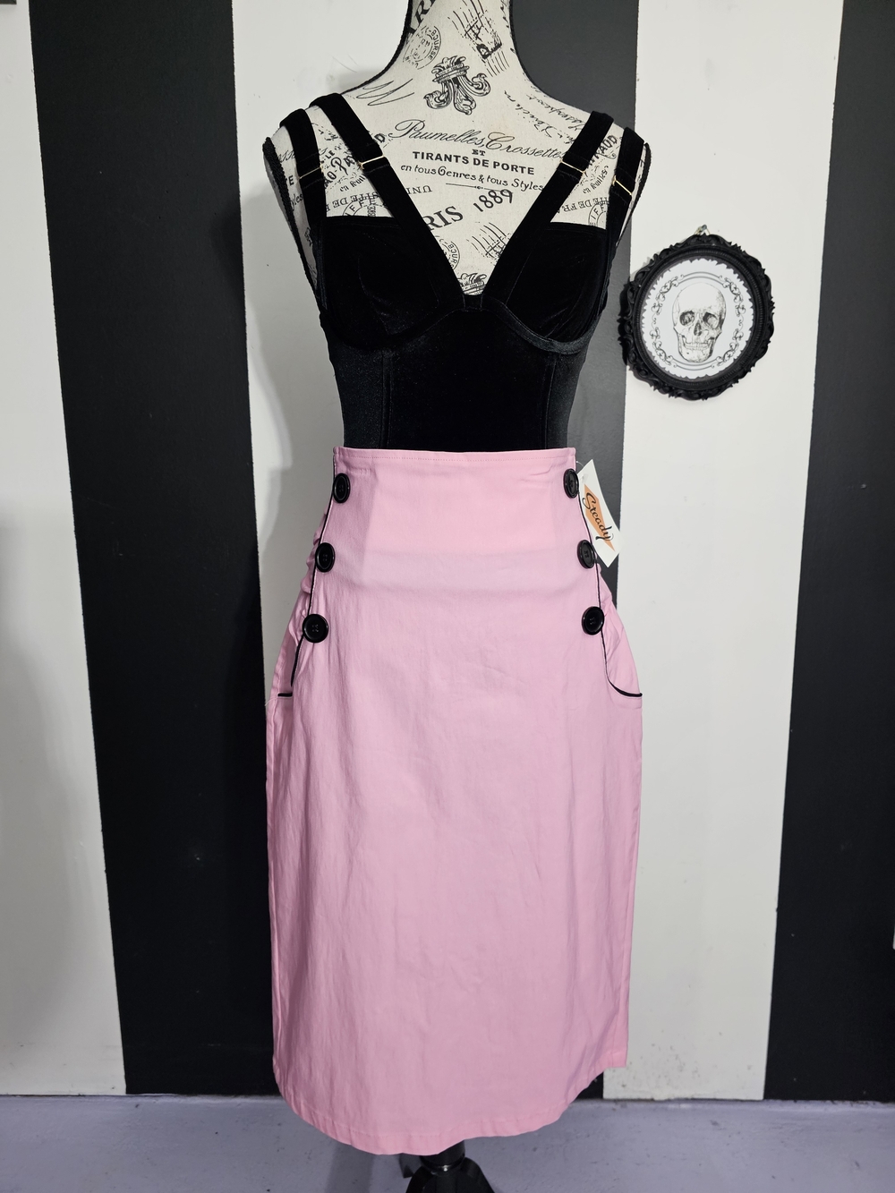 RockSteady Pink Midi Skirt with Black Button Detailing